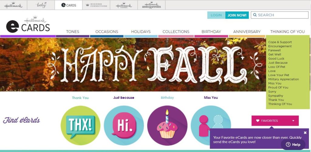 The landing page for Hallmark eCards.