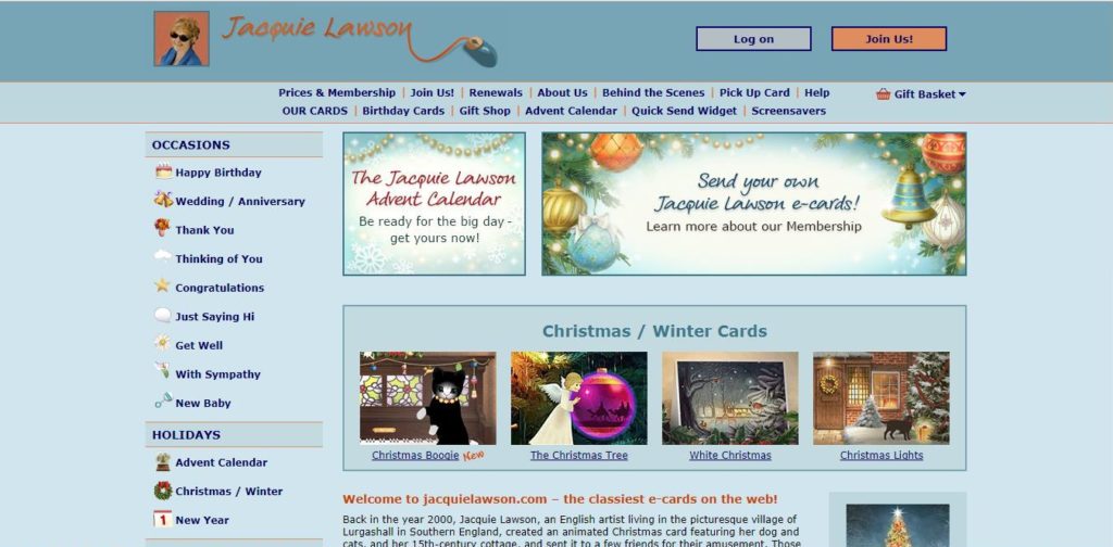 The homepage for Jacquie Lawson eCards.
