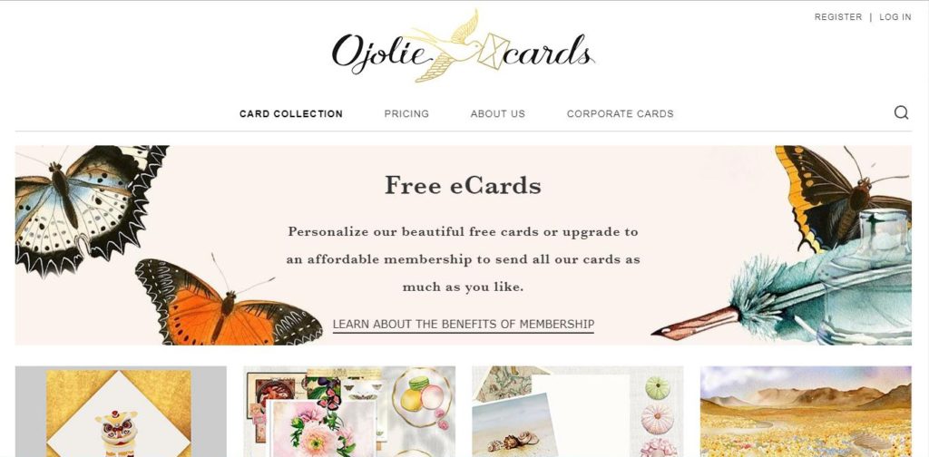 Butterflies and other nice designs make up the homepage for eCard site Ojolie Cards.