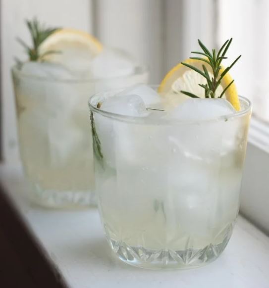 Glasses filled with gin, rosemary sprigs, lemon, and other ingredients.