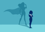 Vector of a strong business woman with a shadow imagining to be a super hero looking aspired.