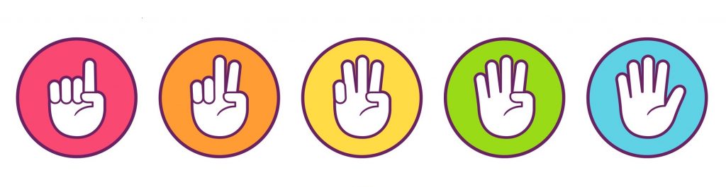 Hand icons with finger count. Colored buttons with gesture symbols, counting by bending fingers. Vector flat style clip art illustration.
