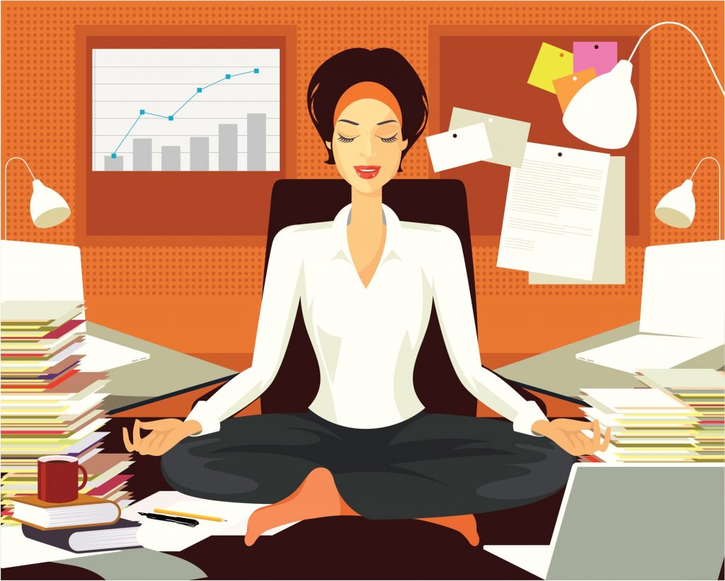 Woman sitting at the desktop and practicing yoga. Eps and hi-res jpg, layers.