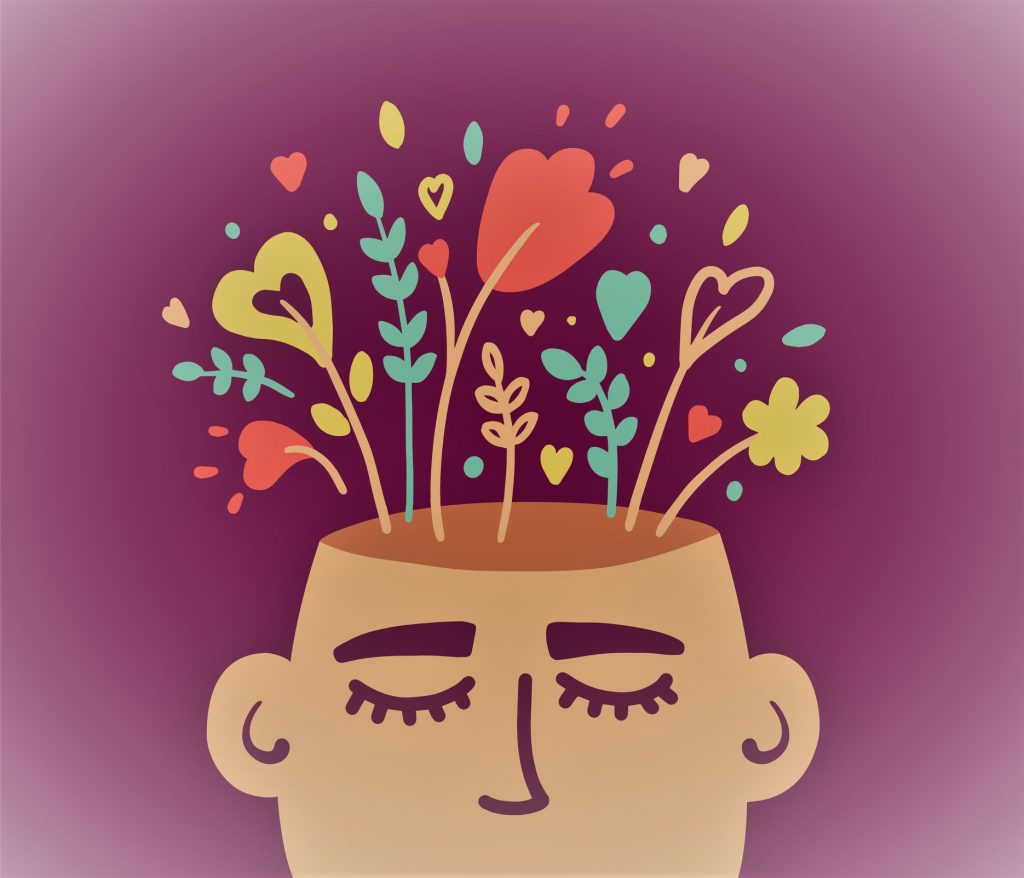 Mental health, psychology vector concept. Human head with flowers inside. Positive thinking, self care, healthy slow life. Wellbeing, wellness mind. Acceptance, blooming brain abstract illustration