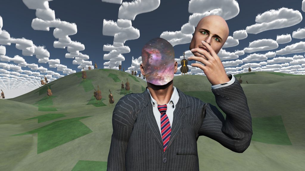 Man removes face shows inner space in landscape with question shaped clouds and many cellos