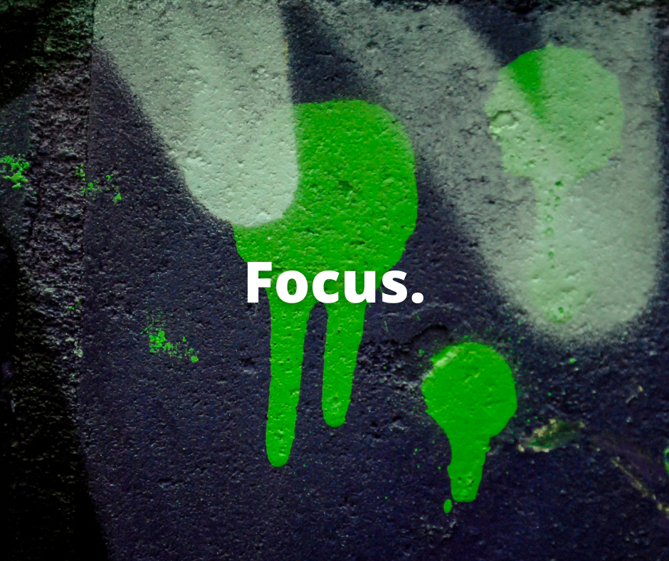 Green paint splatters with the word 'Focus' in the center in white.