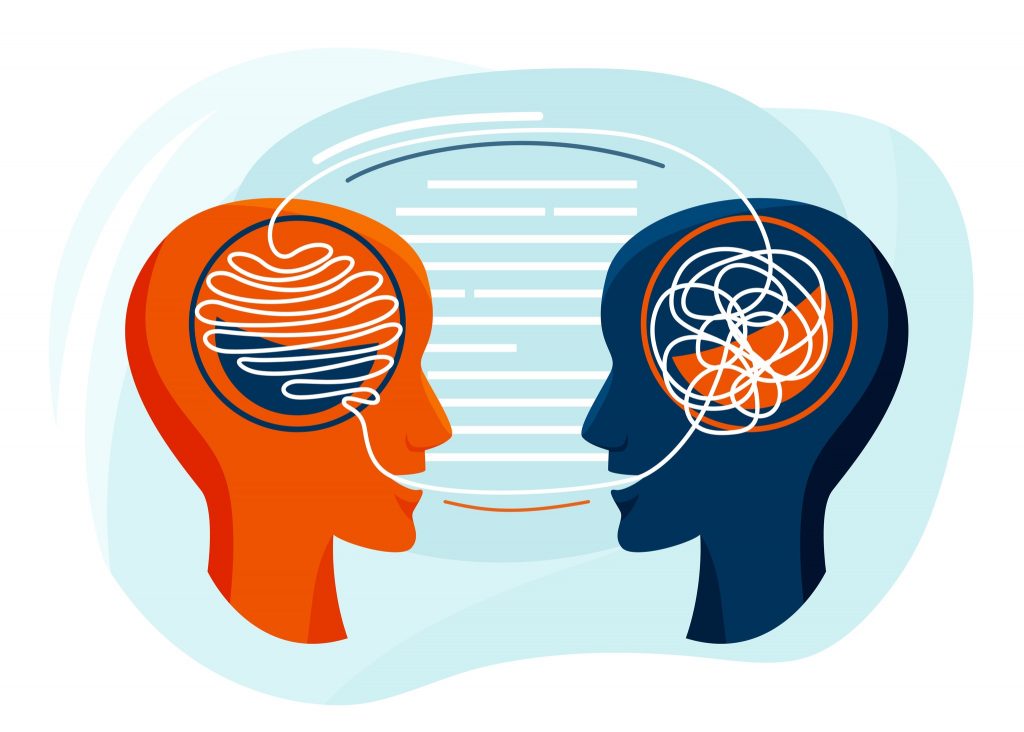 Mental health vector illustration. Two humans head silhouette talk each other, psychotherapy design concept. The psychiatrist untangle the patient thoughts.