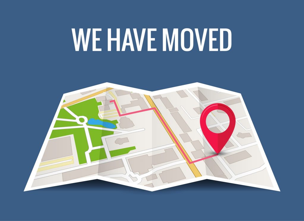 We have moved new office icon location. Address move change location announcement business home map.