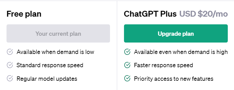 ChatGPT price comparison between free version and ChatGPT Plus version in black, white, and green.