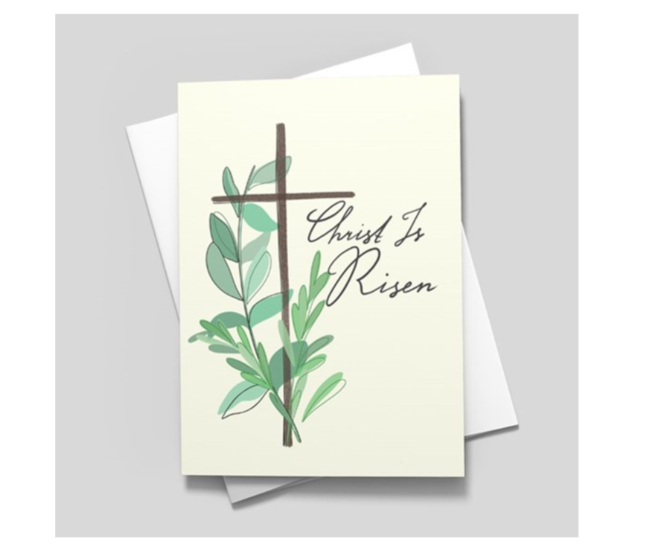 Religious easter card with a cross and a message that says He Is Risen