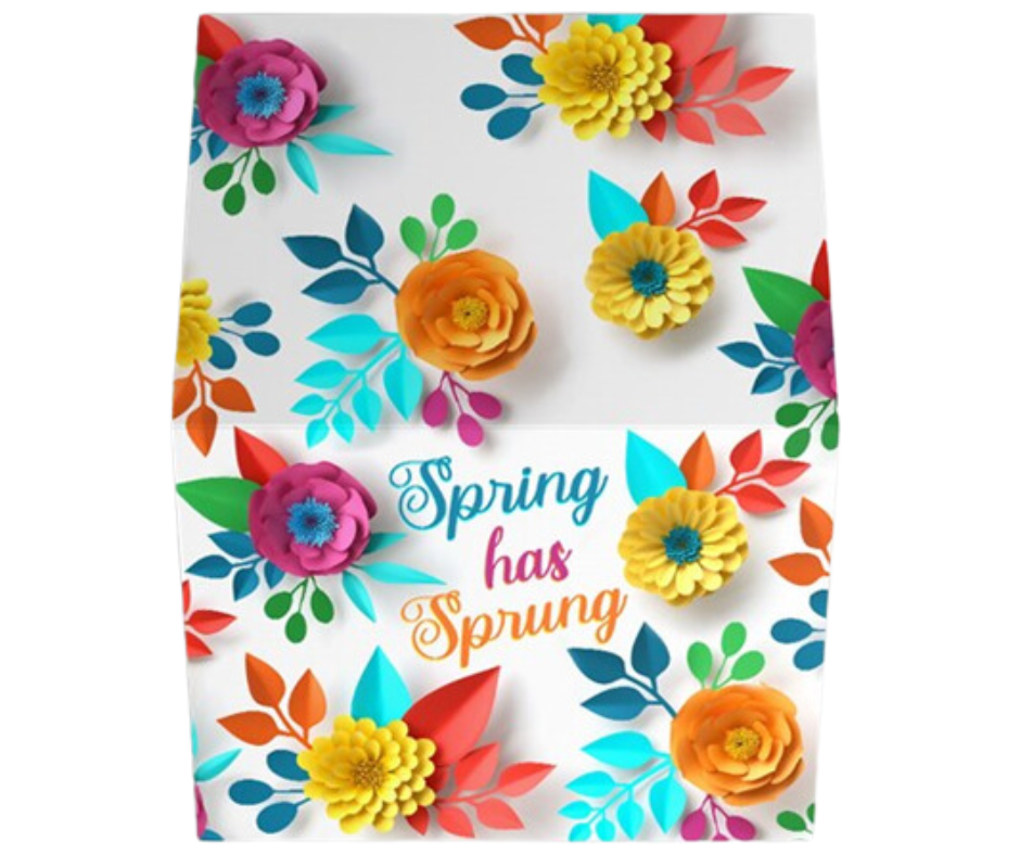 A srping-themed greeting card with colorful flowers on the front and back.