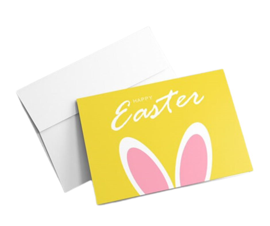 Yellow Easter card with pink and white bunny ears
