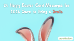 Bunny ears on a blue background with a blog title from Brookhollow Cards that reads, '24 Hoppy Easter Card Messages for 2024 Sure to Bring a Smile' in stylish white and pink letters.