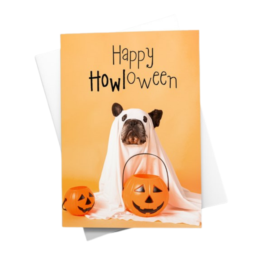 Halloween card where a dog is trick-or-treating