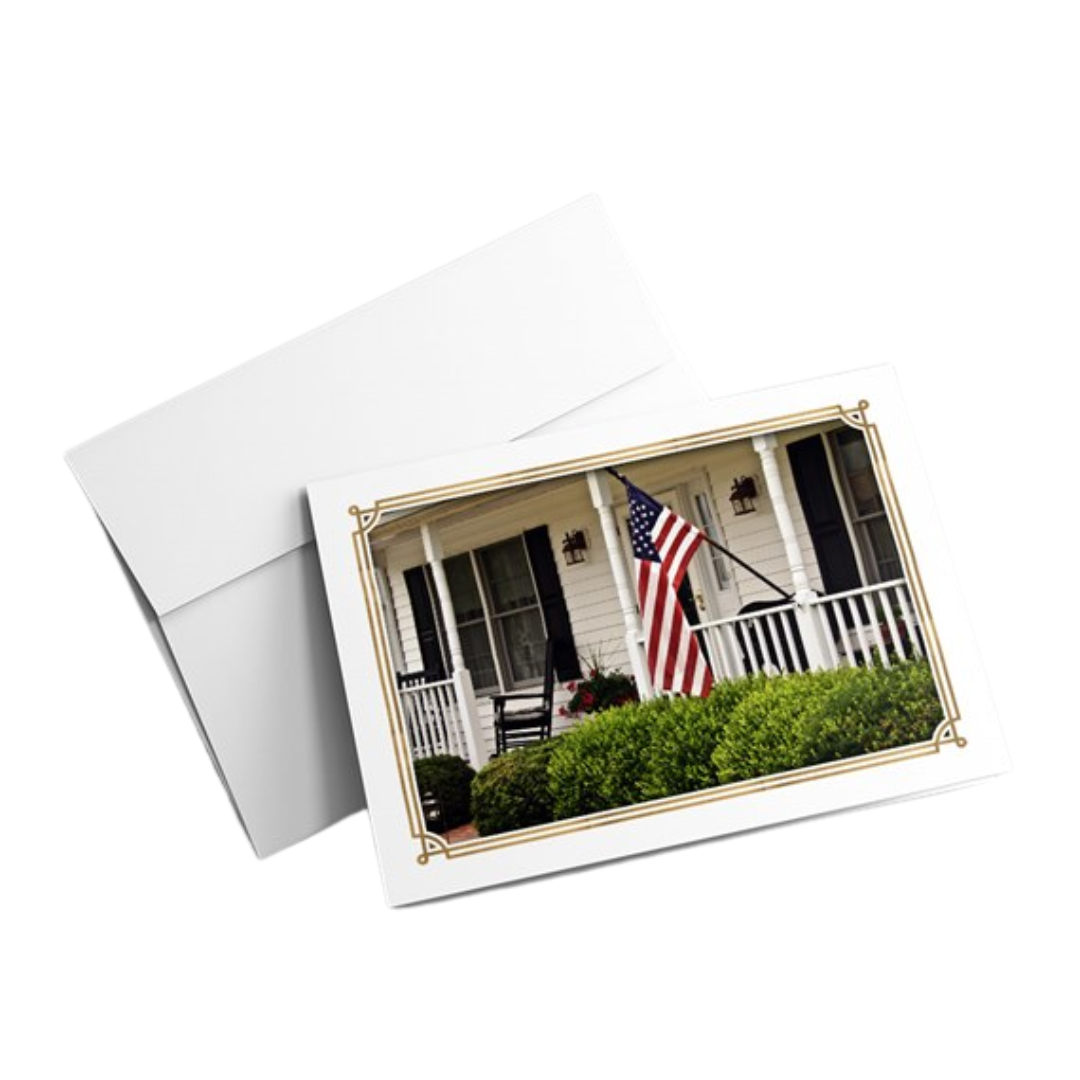Greeting card with a white house and American flag