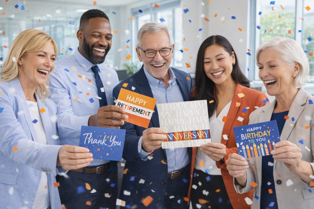 A diverse group of professionals celebrating workplace milestones with confetti and greeting cards for anniversaries, retirements, birthdays, and thank-yous.