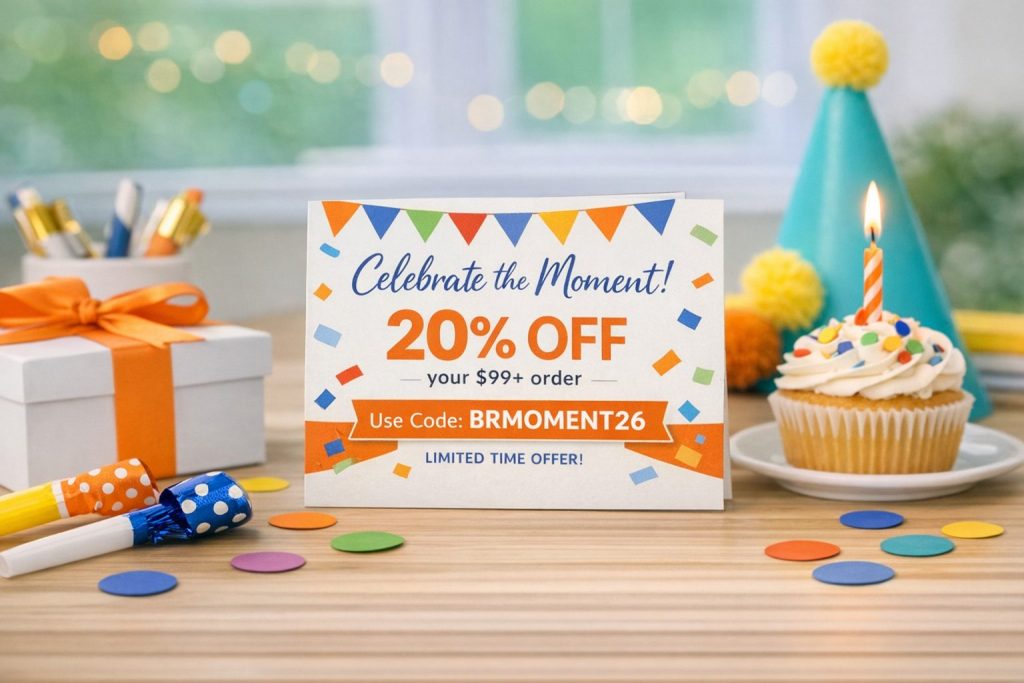 A festive promotional card on a desk surrounded by confetti, a cupcake, a gift box, and party décor, highlighting a 20% off milestone‑celebration offer.