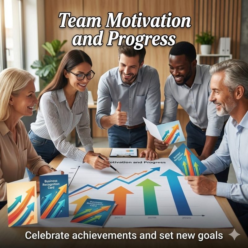 Team reviewing progress with ascending arrows