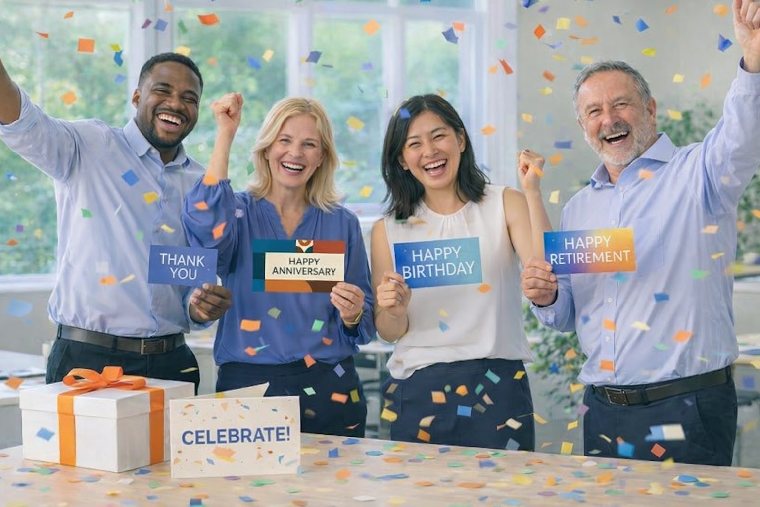 A diverse group of professionals celebrating workplace milestones with confetti and greeting cards, representing anniversaries, retirements, birthdays, and thank-yous.