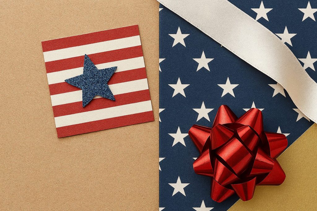 Patriotic stars and stripes holiday textures with ribbon and gift bow for Christmas in July