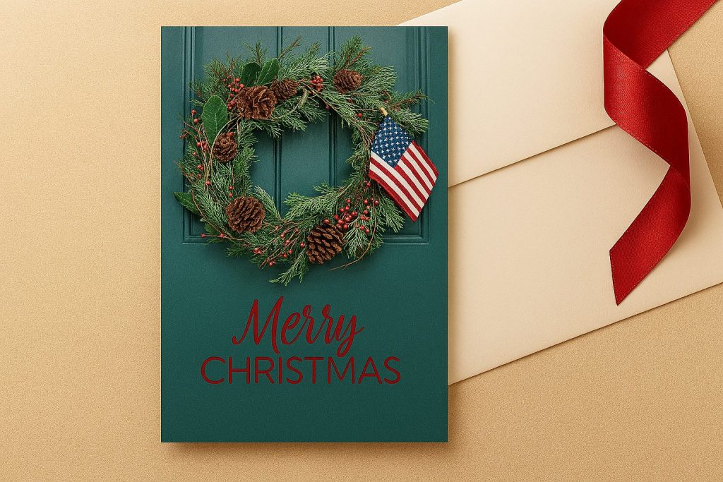 Vintage‑inspired business holiday card with wreath and American flag, paired with envelope and ribbon