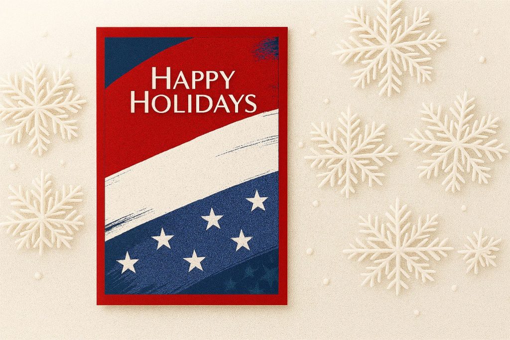Red, white, and blue Happy Holidays business card surrounded by winter white snowflakes