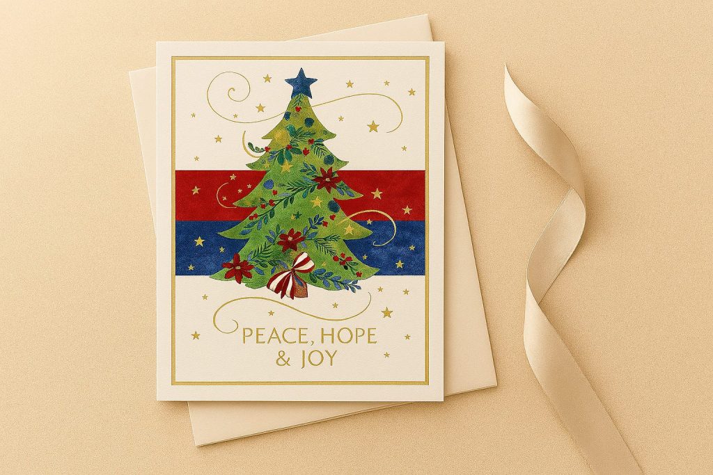 Patriotic Christmas tree holiday card with red, white, and blue accents styled with envelope and ribbon