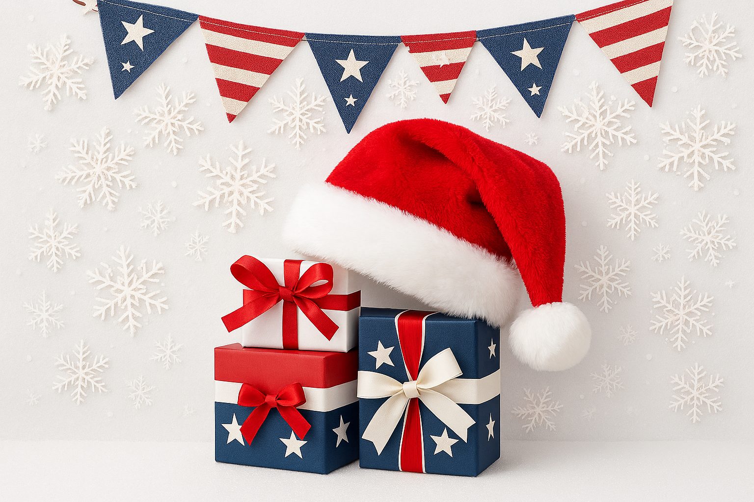 Santa hat draped over red, white, and blue gift boxes with patriotic bunting and snowflakes for Christmas in July