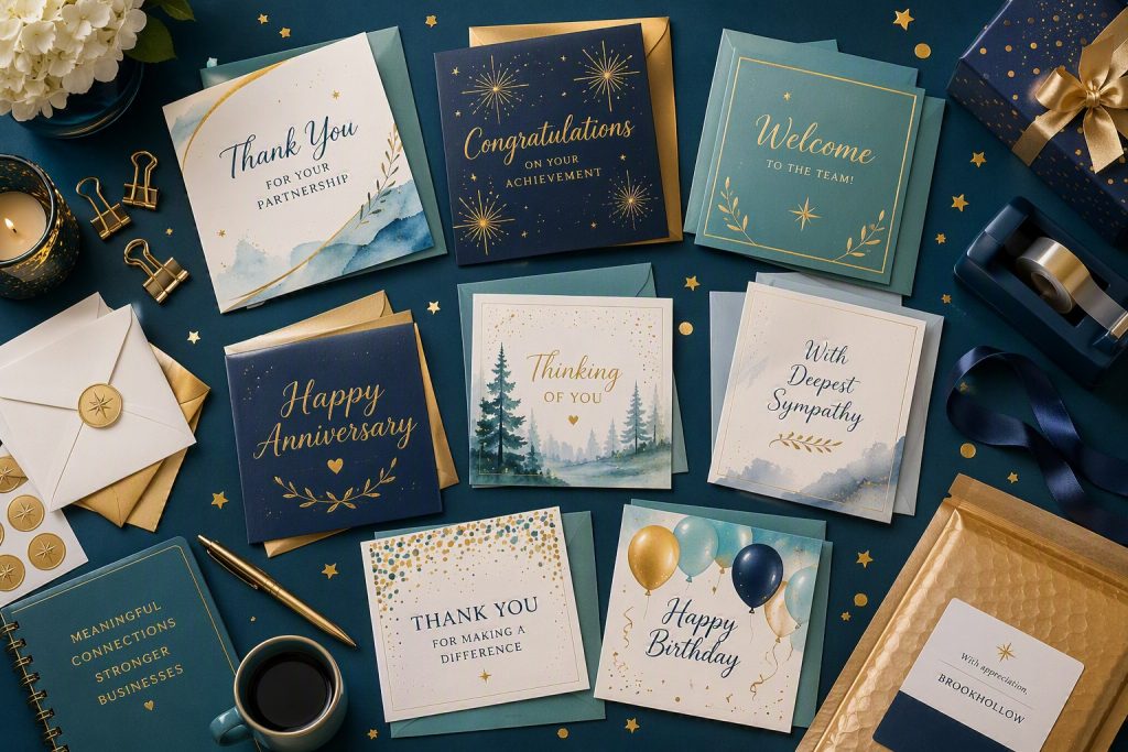 Flat lay of business greeting cards, envelopes, stationery, and mailing materials used for employee recognition, customer appreciation, milestone celebrations, and workplace communication.