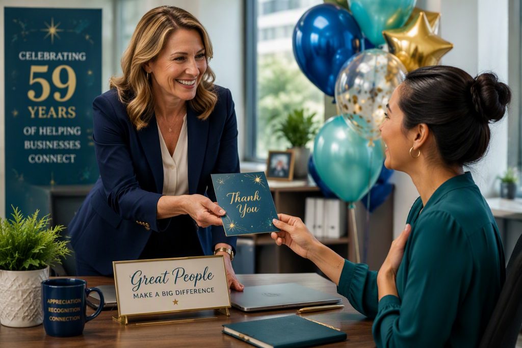 Employee receiving a thank-you greeting card in an office setting during Brookhollow's 59th anniversary celebration, demonstrating workplace recognition and employee appreciation.