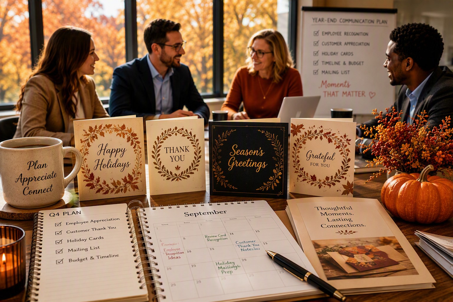 Business professionals reviewing employee appreciation, customer outreach, and holiday card plans during a fall strategy meeting with greeting cards and planning materials displayed on a conference table.