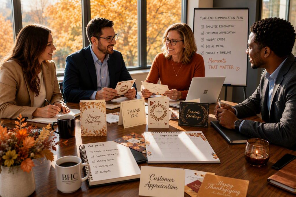Business professionals reviewing employee recognition, customer appreciation, and holiday card plans during an autumn planning meeting with greeting cards, calendars, and year-end communication materials displayed on a conference table.