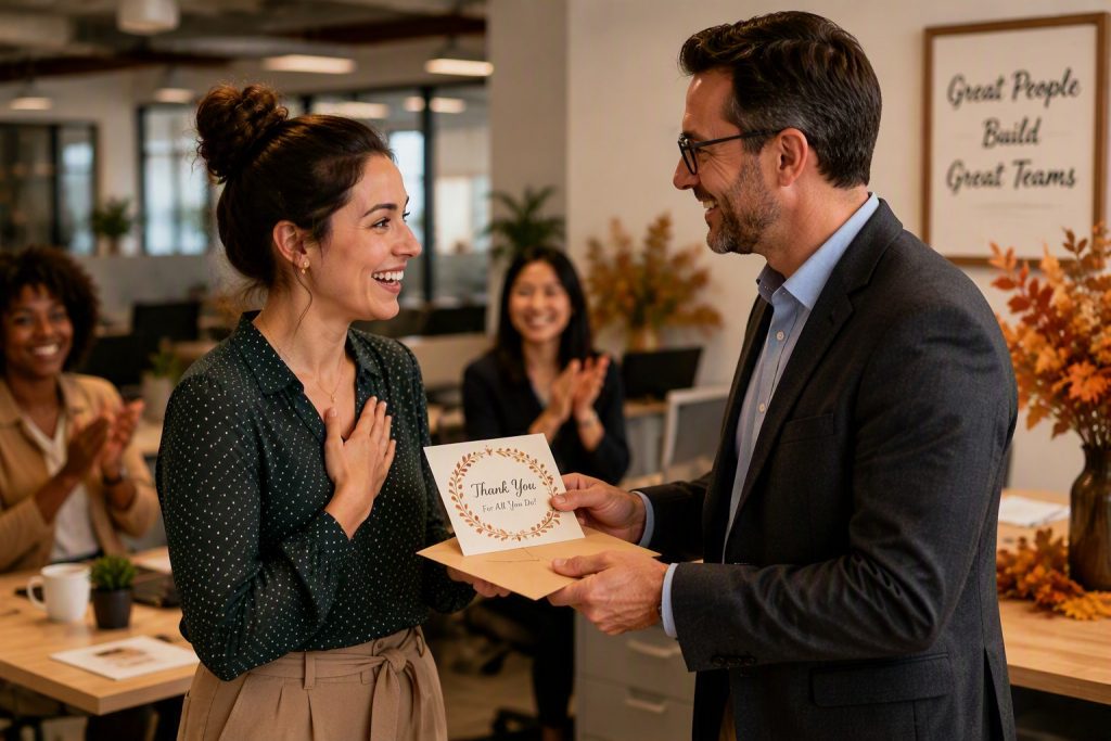 A manager presents a handwritten appreciation card to an employee in a modern office while colleagues observe in the background, highlighting workplace recognition and employee appreciation.