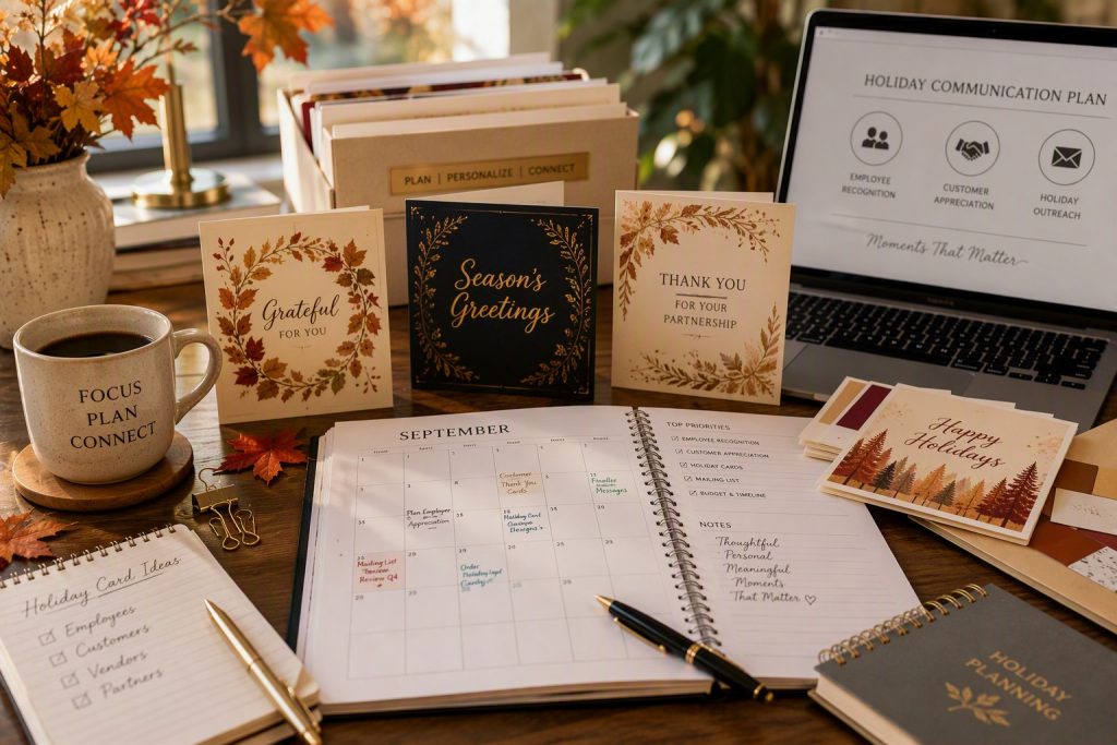 Desktop workspace with greeting cards, a September planning calendar, holiday communication checklist, coffee mug, laptop, and autumn décor arranged for early employee recognition, customer appreciation, and holiday card planning.