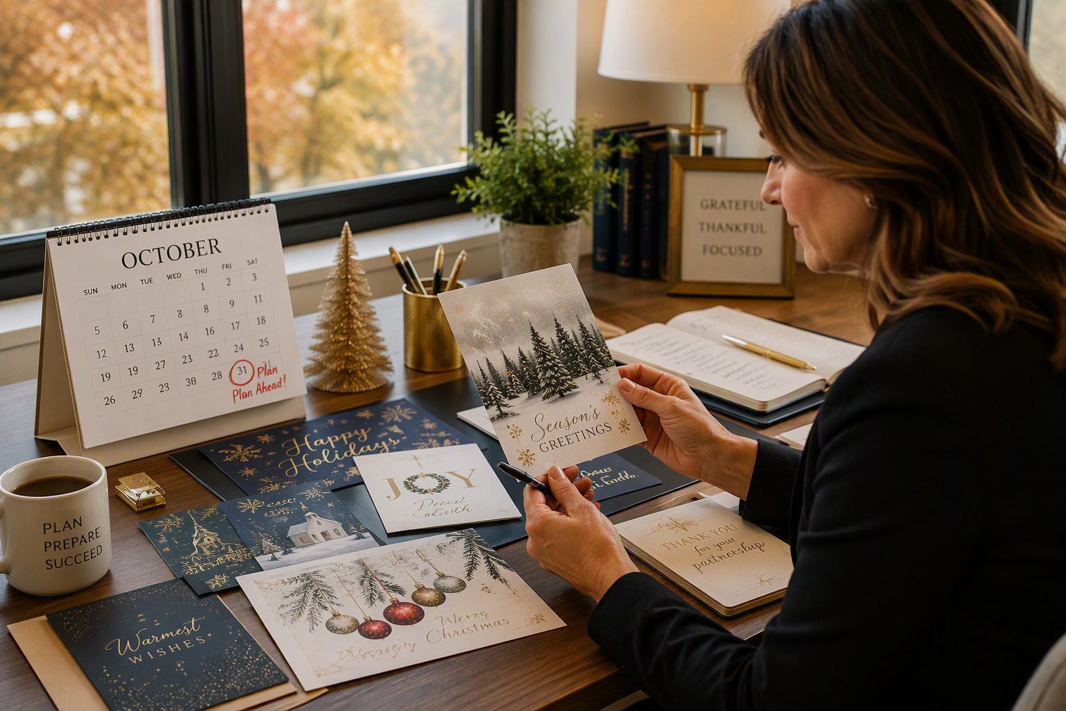 Business professional planning holiday card orders in October with Christmas card samples, an October calendar, and an organized workspace.