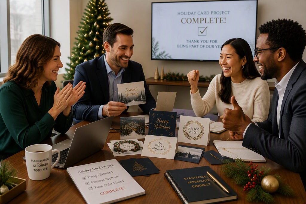 Business team celebrating completion of a holiday card planning project while reviewing holiday greeting card designs in a conference room.