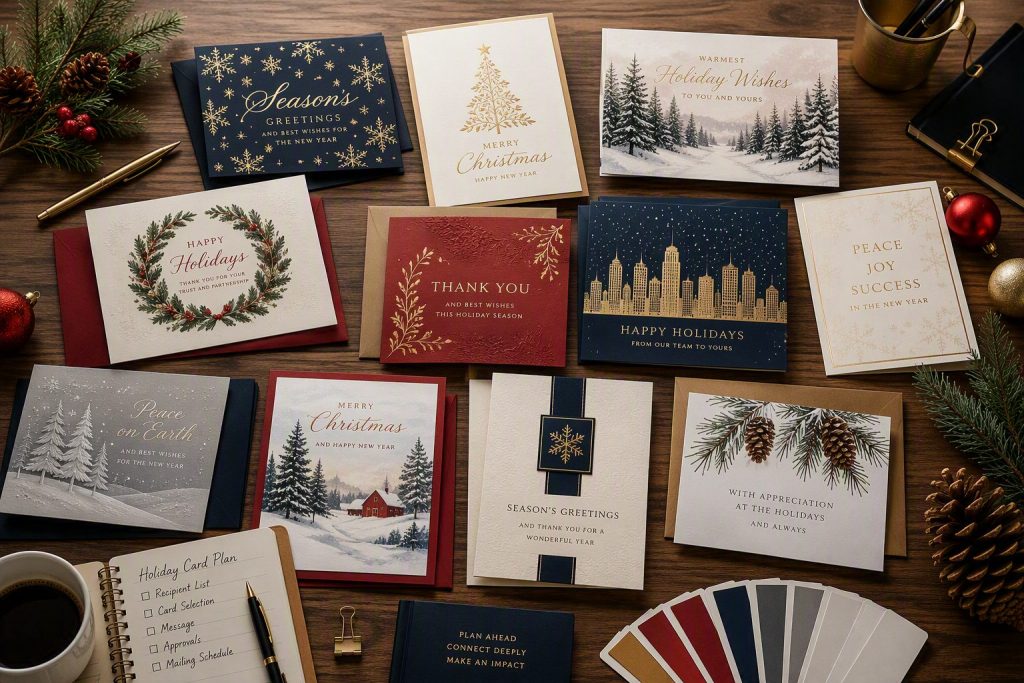 Assortment of premium business Christmas card designs arranged across a planning table with elegant seasonal themes and professional styling.