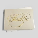 A thank you greeting card on top of a matching envelope on a gray background.